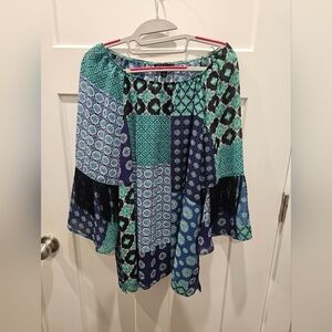 N Touch Boho Patchwork Peasant Blouse Top Fringe Bell Sleeve Women’s Large